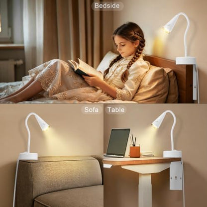 Headboard Reading Light, White Bedside Lamp, No-Drill Book Light for Bedtime Reading, Dimmable LED, Flexible Gooseneck, 360°Adjustable, Plug-in Reading Lamp Movable-1 Pack
