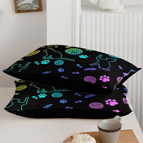Axolotl Neon Cat Bedding Comforter Set King,Cartoon Cats Bedding Paw Ball of Yarn,Colorful Gradient Line Cats Kids Bed Set for Cat Lover Girls Boys Adults,Cartoon Animal Comforter with 2 Pillow Cases