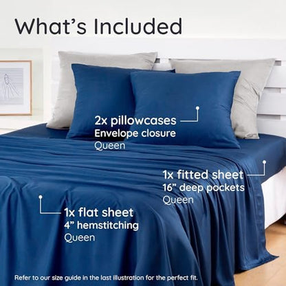 Bambaw 100% Viscose Derived from Bamboo Sheets Deep Pockets Queen Size Set – 4pcs Soft Bedding, Fits Up to 16'' with Elastic Corner Straps, Queen Size Cooling Sheets (Navy Blue)