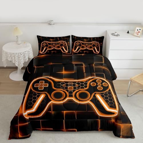 Feelyou Kids Gamer Comforter Set King Size Orange Black Bedding Set Boys