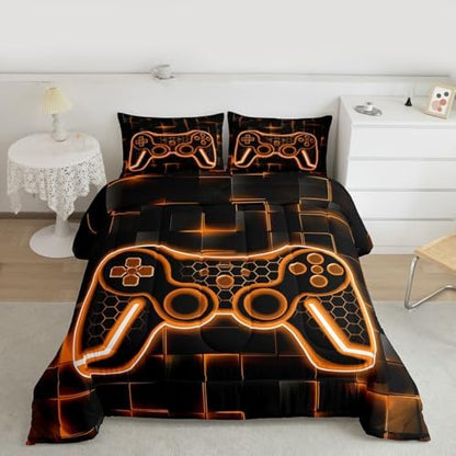 Feelyou Kids Gamer Comforter Set King Size Orange Black Bedding Set Boys