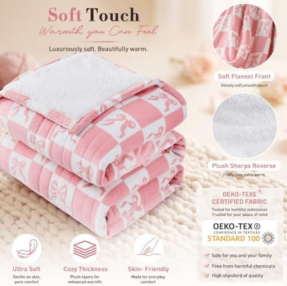 Pink Bow Electric Blanket Heated Twin 62"X84", Heating Blanket Twin