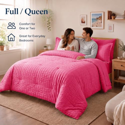 CozyLux Full Size Comforter Sets, 7 Pieces Hot Pink Seersucker Bed in a Bag