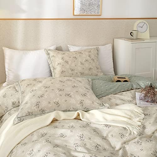 VM VOUGEMARKET Floral Bedding Twin Reversible Gray Beige Flower Duvet Cover Set,Cottagecore Duvet Cover Matching 2 Pillowcases 100% Cotton Chic Girls Bedding Set -Twin(68"x86")