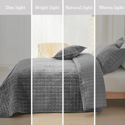 Quilt Set Queen Size 90x98 Luxurious Velvet Bedding Sets with 2 Pillow Shams 20x26 3 Pieces Ultra Soft Quilted Bedspread Coverlet Comforter for All Season,Gray