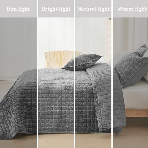 Quilt Set King Size 98x106 Luxurious Velvet Bedding Sets with 2 Pillow Shams 20x36 3 Pieces Ultra Soft Quilted Bedspread Coverlet Comforter for All Season,Gray