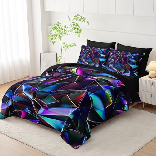 7 Piece Purple Geometric Abstract Pattern Comforter Set King Size，Abstract Diamond Print Bedding King，(1 Comforter, 1 Flat Sheet, 1 Fitted Sheet, 2 Pillowcase and 2 Pillow Sham)