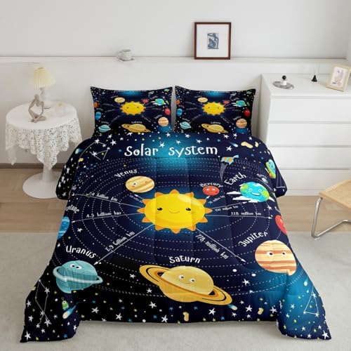 Erosebridal Outer Space Comforter Set Starry Sky Bedding Set Full Size for Kids Boys Girls Room Galaxy Planet Space Duvet Sets Solar System Cartoon Down Comforter 3 Pieces with 2 Pillow Cases, Blue