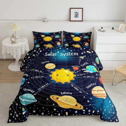 Erosebridal Outer Space Comforter Set Starry Sky Bedding Set Full Size for Kids Boys Girls Room Galaxy Planet Space Duvet Sets Solar System Cartoon Down Comforter 3 Pieces with 2 Pillow Cases, Blue