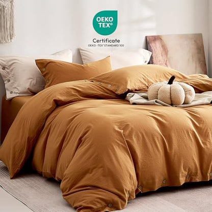 JELLYMONI 100% Washed Cotton Fall Amber Orange Duvet Cover King, Linen-Like