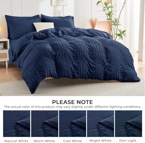 HYMOKEGE Navy Blue Oversized Queen Comforter Set Seersucker 7 Pieces, All Season Luxury Bed in a Bag for Bedroom, Bedding Set with Comforter, Sheets, Pillowcases & Shams