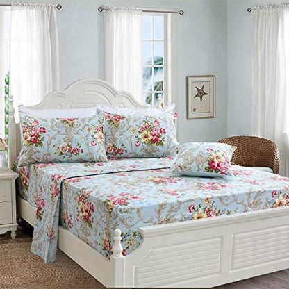 FADFAY Shabby Floral Bedding Elegant Peony Sheets Set Luxury Bedding Collections 100% Egyptian Cotton Deep Pocket, 4 Piece-King Size