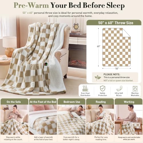 Heated Blanket Electric Throw 50"X60", Heating Blanket Throw, Brown