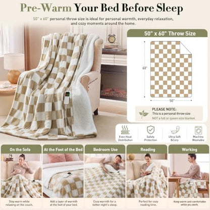 Heated Blanket Electric Throw 50"X60", Heating Blanket Throw, Brown