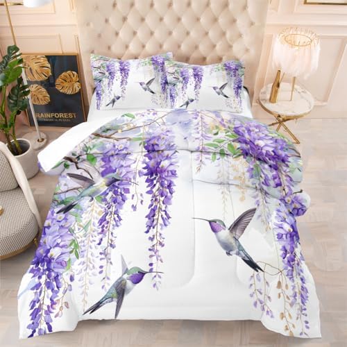 CCoutueChen Comforter Set Queen Purple Wisteria Bedding Set Hummingbirds Bedding Soft Down Alternative Comforter with 2 Pillowcases, Aesthetic Floral Design