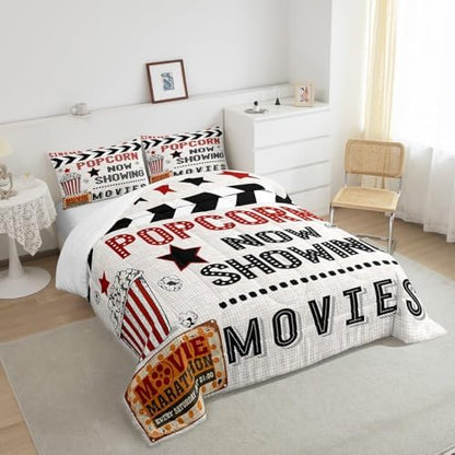 Homewish 70's Vintage Cinema Movie Theater Comforter Set Popcorn Bedding Set 2pcs Cinema Poster Design All Season Quilt Set for Kids Boys Girls Black Red Microfiber Duvet Insert Room Decor Twin Size