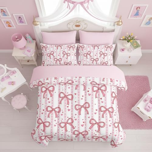 QOOMO Pink Bow 7 Pieces Comforter Set Twin,Love Bowknot Bedding Set