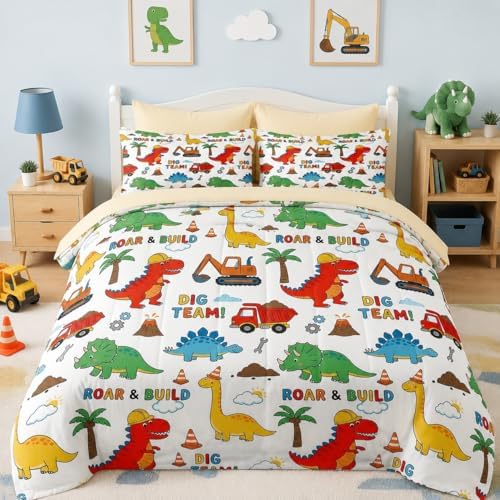 Nesker Queen Comforter Set for Boys, 7 Pieces Dinosaur Bedding for Kids