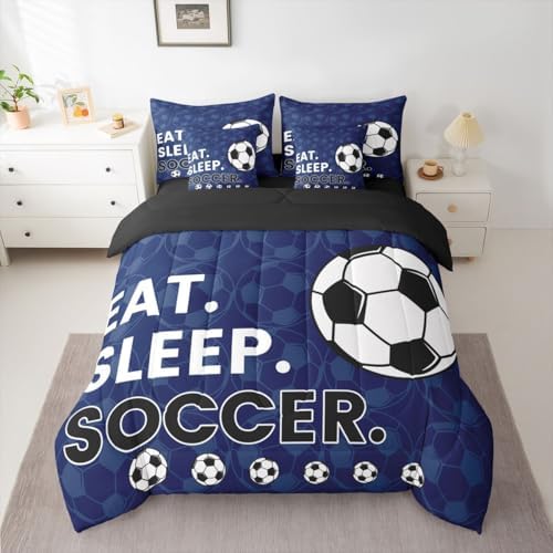 Erosebridal Navy Blue Soccer Gaming 7 Piece Bedding Set Twin | Ball Games Comforter Set with Sheets Football Sports Bed in A Bag Boys Kids Men Bed Sets