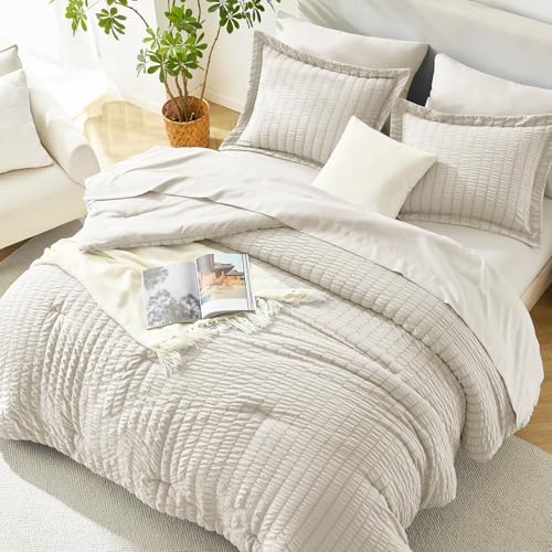 HIMEET King Comforter Set, 7-Piece Seersucker Bed in a Bag, Beige