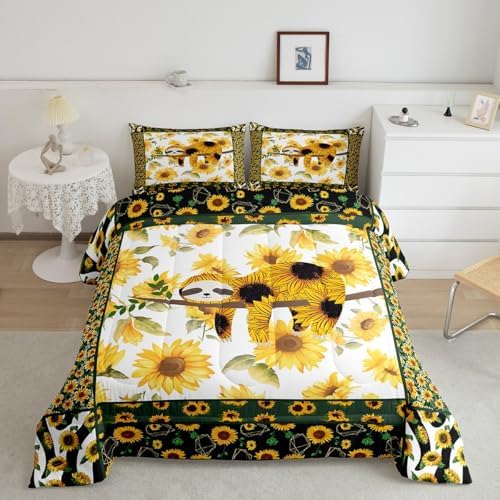 Manfei Cute Sloth Comforter Set King Size, Yellow Flower Quilt Set with 2 Pillowcases, Floral Animal Print Bedding Set 3pcs for Kids Boys Girls Bedroom Decor, Sunflower Sloth Duvet Set