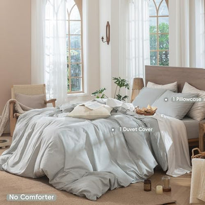 MooMee Striped Duvet Cover Set 100% Washed Cotton Linen Like Twin