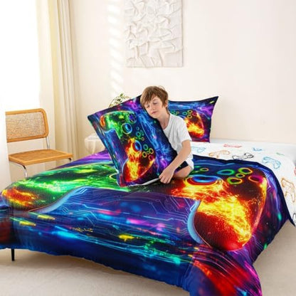 Erosebridal 3D Modern Gamer Comforter Set Gamer Controller Full Size Bedding Sets for Tween Boys Girls Geometric Neon Gaming Comforter Video Game Consoles Bed Set,Boys Room Decor