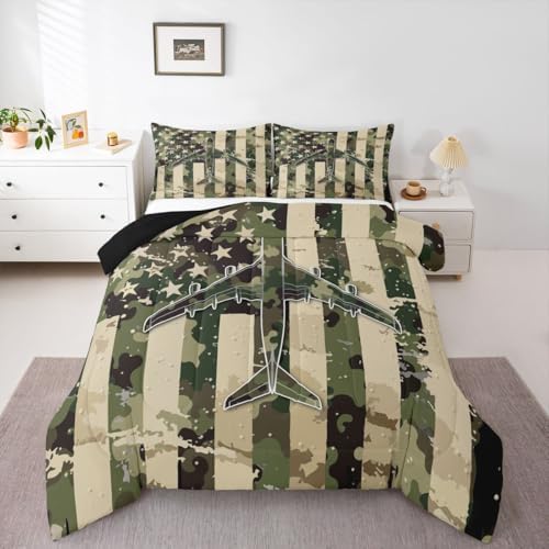 Erosebridal Camo American Flag Comforter Set Queen Camouflage Military Aircraft Bedding Set Army Green Airplane Comforter for Kids Boys Girls Vintage Patriotic Plane Quilt Duvet