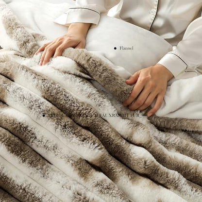 Wonderful Fluffy Faux Rabbit Fur Comforter Set Queen Size, Striped Stitching Tie-Dye Khaki Plush Fuzzy Bedding Set 3 Pieces, Warm Soft Comforter Bedding Set for Winter, 90"x90"