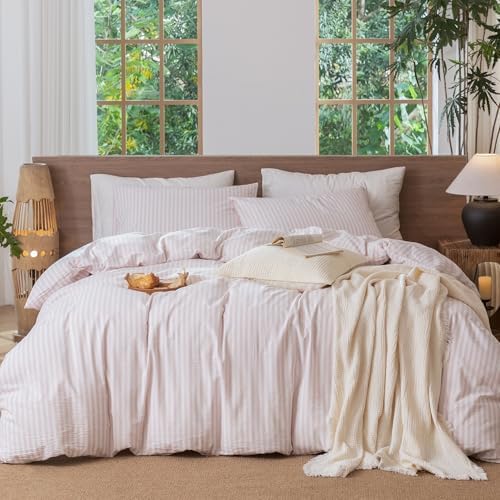 MooMee Striped Duvet Cover Set 100% Washed Cotton Linen Like King