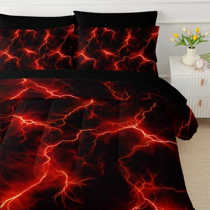 QOOMO Red Lightning 7 Pieces Comforter Set Queen,Neon Bedding Set for Kids