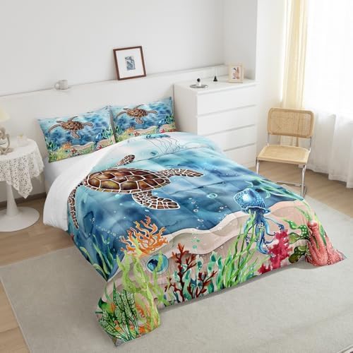 Sea Turtle Comforter Set Full Size Ocean Themed Bedding for Boys Ghirls Marine Animals Bedding Comforter Sets Sea Horse Octopus Jellyfish Print Duvet Insert 3 Pcs Seaweed Decor Turtle Quilt