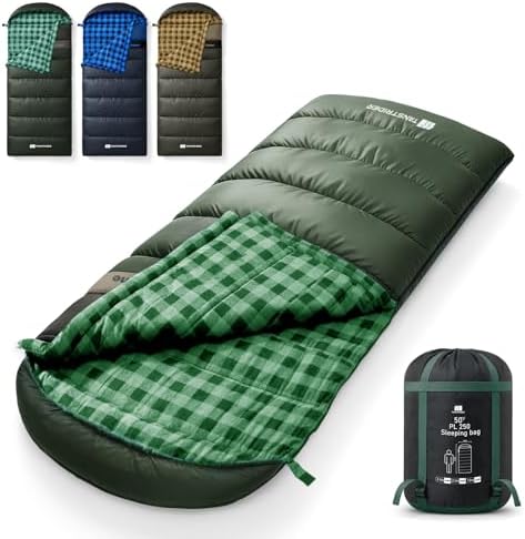 Cotton Flannel XXL Winter Sleeping Bags for Adults Big and Tall,Cold Weather 90x39 Inch Camping Sleep Bag,Waterproof Machine Washable 4 Season Outdoor Camping Gear,2-Way Zipper
