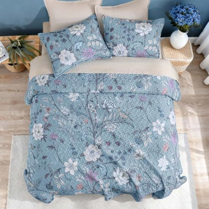Litanika Floral Light Blue Quilt Queen - 3Pcs Botanical Birds Bedding Set