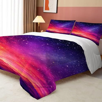 Red Galaxy Comforter Set King Size Space Bedding for Boys Teen Girls Starry Sky Glitter Star Gradient Bedroom Decor Quilt Bed Sets, 1 Comforter 2 Pillowcases