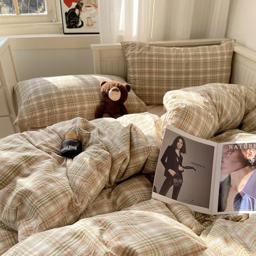 mixinni Twin Size Duvet Cover Set - 3 Piece Washed Cotton Vintage Geometric Plaid Bedding Set with Zipper Closure, Soft & Breathable Green Pink White Buffalo Check Pattern for All Seasons