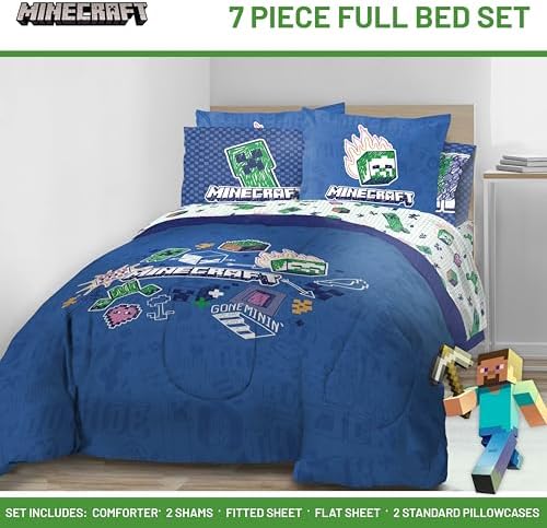 Minecraft Creeper Full Size Comforter Set 7 Piece Kids Bedding, Blue