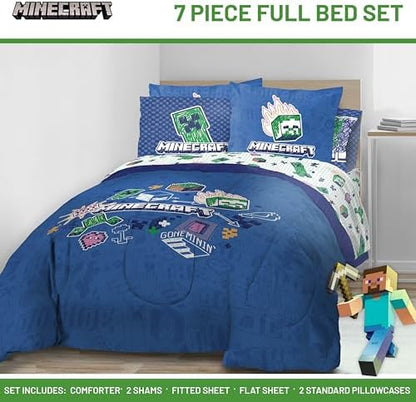 Minecraft Creeper Full Size Comforter Set 7 Piece Kids Bedding, Blue