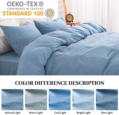 NEXHOME PRO Duvet Cover Set Queen Size Linen Look Textured Organic Natural 100% Washed Cotton Duvet Cover Blue 3 Pieces Bedding Set with Zipper Closure and Corner Ties, Breathable (No Comforter)