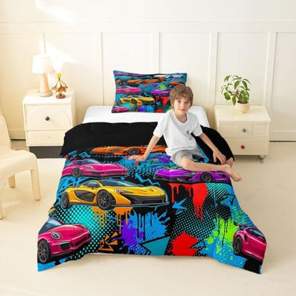 Feelyou Boys Sports Car Comforter Set All Season Speed Race Car Bedding Set with 1 Pillow Cases Racing Extreme Sports Kids Toddler Bedclothes Automobile Bedroom Decor Duvet Quilt Breathable Soft