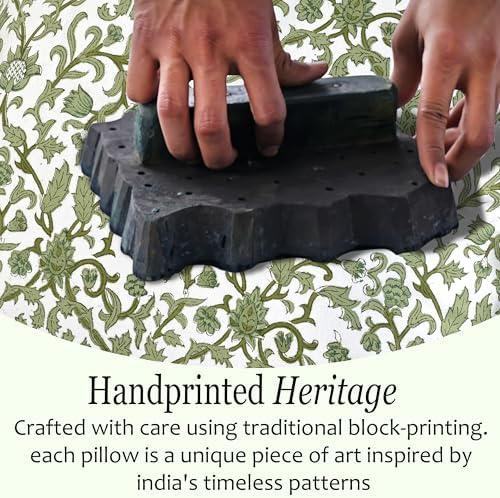 CPC Block Print Meadow Vine Ruffle Cotton Lumbar Pillow Cover 12x20 inch