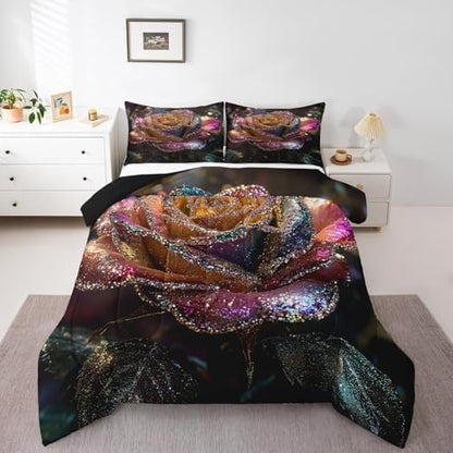 jejeloiu Glitter Rose Comforter Set Queen Size Kids Floral Flower Bedding Set for Boys Girls Teens Garden Flower Duvet Breathable Romantic Quilt Bedroom Decor,1 Comforter with 2 Pillowcase