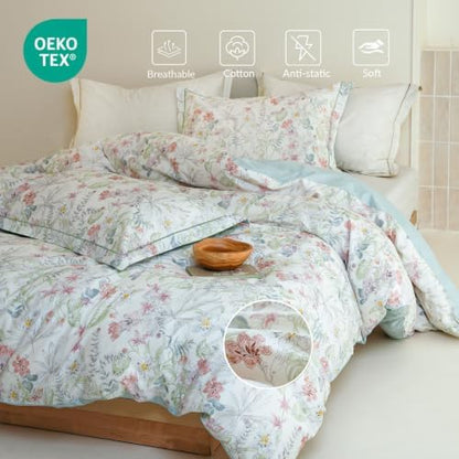 Twin Comforter Set 2 Pieces, 100% Cotton Botanical Floral Bedding Set for All-Season, Soft Reversible Comforter with 1 Pillow Sham