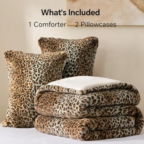 BEDELITE Faux Fur King Comforter Set Cheetah Print,Thick & Warm Comforter