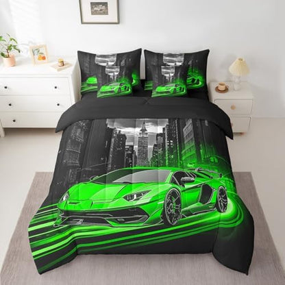 Feelyou Green Race Car Comforter Set with Sheets Twin Size Kids Speed Sports Car 7 Pieces Bedding Set for Boys Girls Teens Racing Car Bed in a Bag Extreme Sports Street Bed Set Gothic Modern City