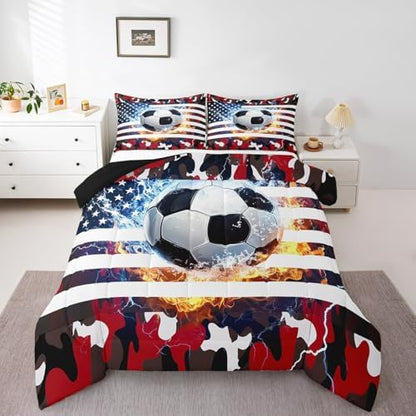 Erosebridal Football Comforter Set, Teens American Flag Down Comforter Full, Camouflage Soccer Bedding Set for Kids Boys Young Men Bedroom Decor, Sports Games USA Federations Stars Quilted Duvet