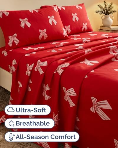 Christmas Sheet Set, Red Ribbon Bows, Holiday Xmas Bedding Set - Queen Size