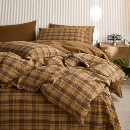 LifeTB Vintage Style Mustard Yellow Plaid Duvet Cover Set Twin, 100% Washed Cotton Retro Yellow&Brown Grid Checkered Bedding Set with 2 Pillowcases Farmhouse Gingham Duvet Cover with Zipper Closure