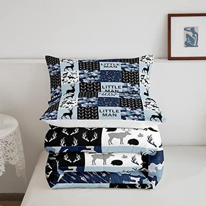 Manfei Camo Deer Antlers Comforter Set Full, Geometric Checks Patchwork Bedding 3pcs for Room Decor, Boho Arrow Animals Quilt Set, Blue Xmas Duvet Insert with 2 Pillowcases (WWS10844GYY-BZ_USf)