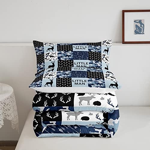 Camo Deer Antlers Comforter Set Queen,Geometric Checkered Patchwork Bedding Set 3pcs for Kids Teens Boys Adults Room Decor,Boho Arrow Quilt Set,Blue,2 Pillowcases